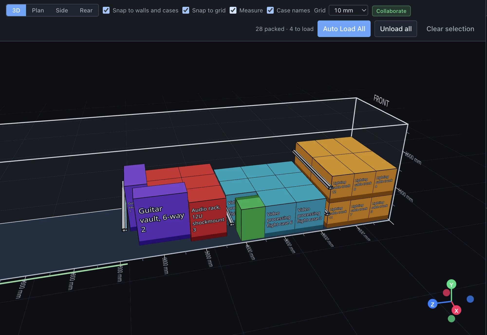 The 3D view with case names stencilled on each case and tape-measure rules running along the deck and up the wall, marked every metre.